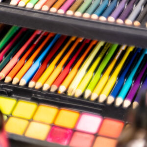 coloured pencils and paint
